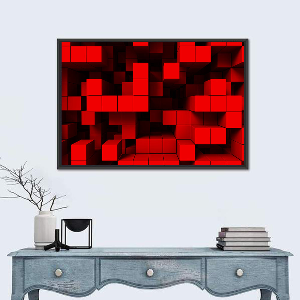 Crimson Cubes Geometric Pattern Wall Art