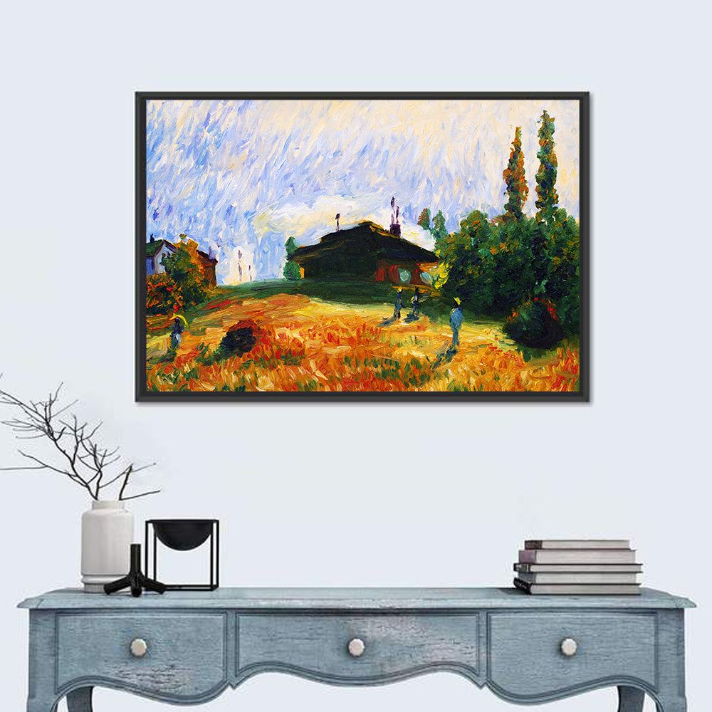 Sunlit Village Field Illustration Wall Art