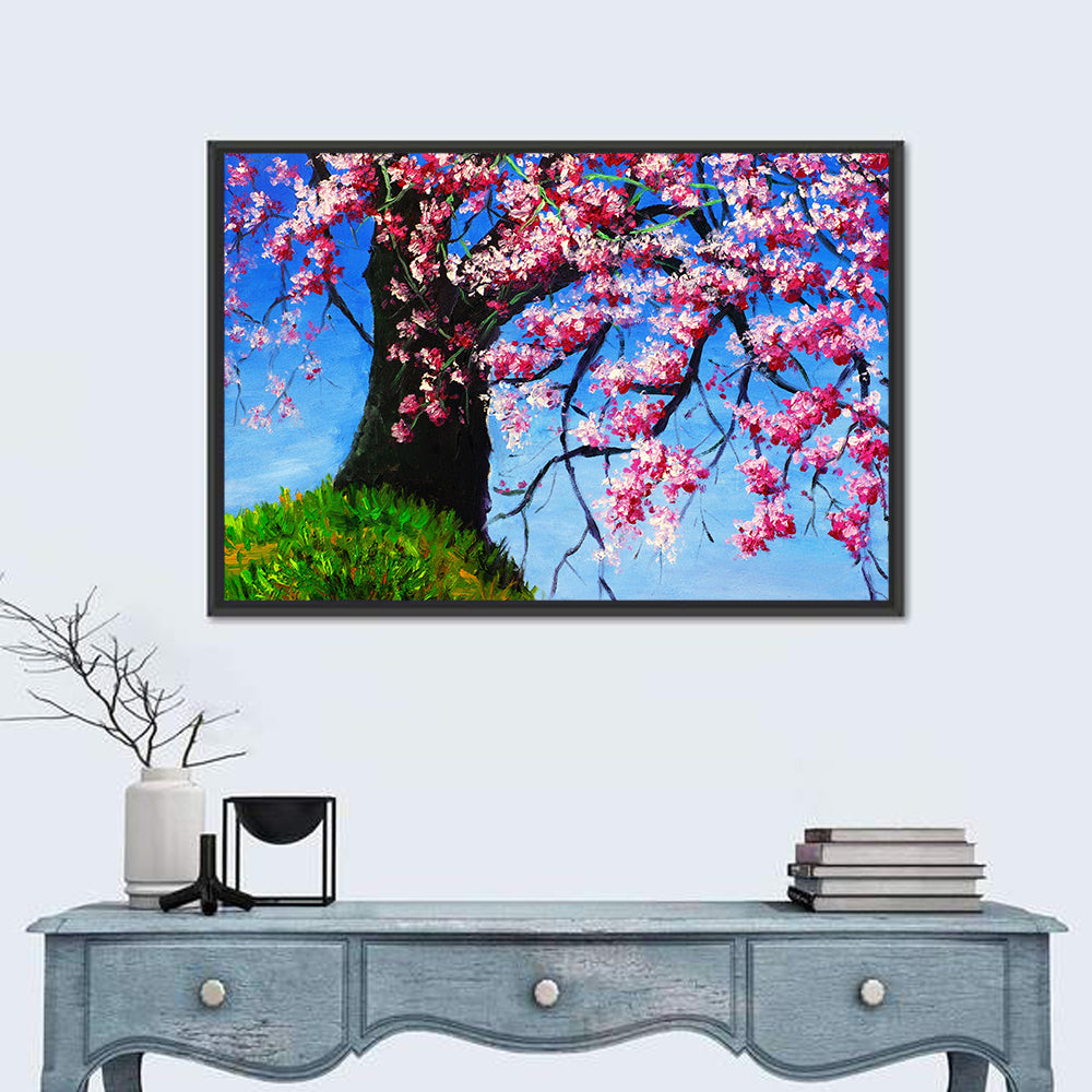 Spring Cherry Tree Illustration Wall Art in a room, landscape