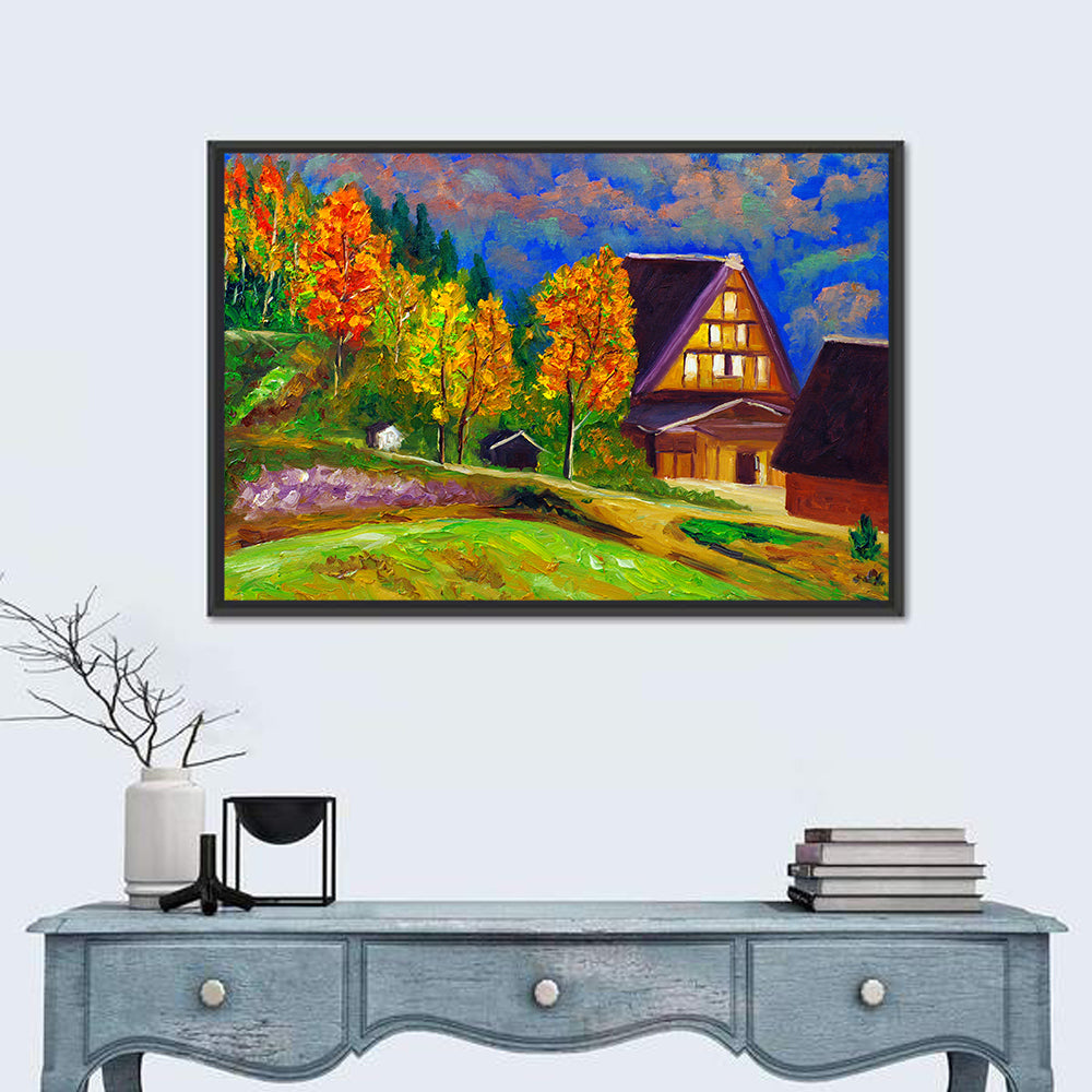 Thatched Cottage Autumn Illustration Wall Art