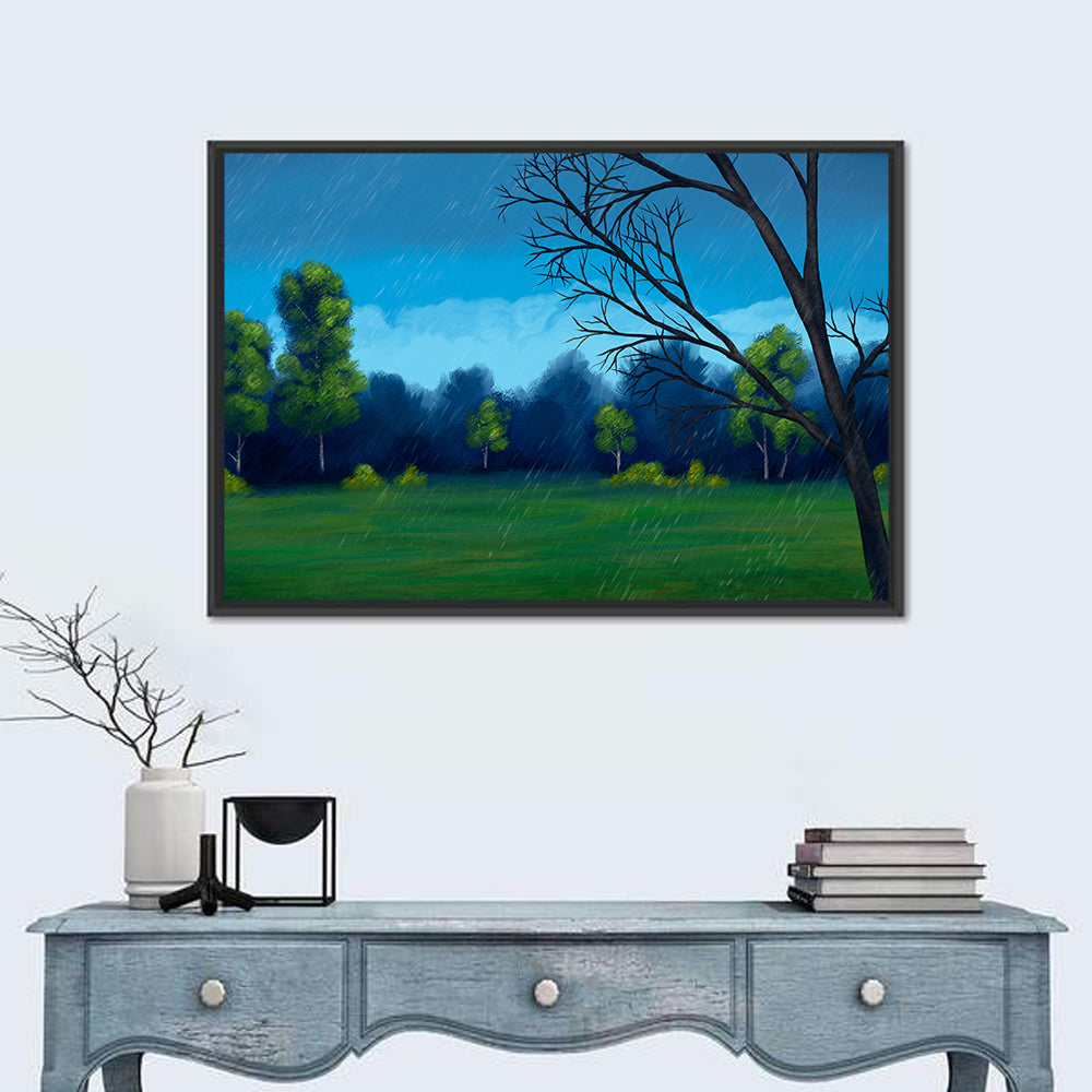 Rainy Park Meadow Wall Art in a room, landscape
