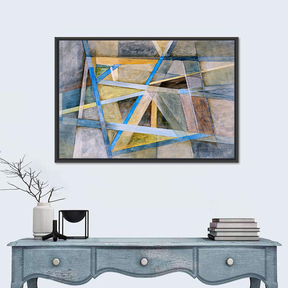 Blue and Gold Geometric Abstraction Wall Art in a room, landscape
