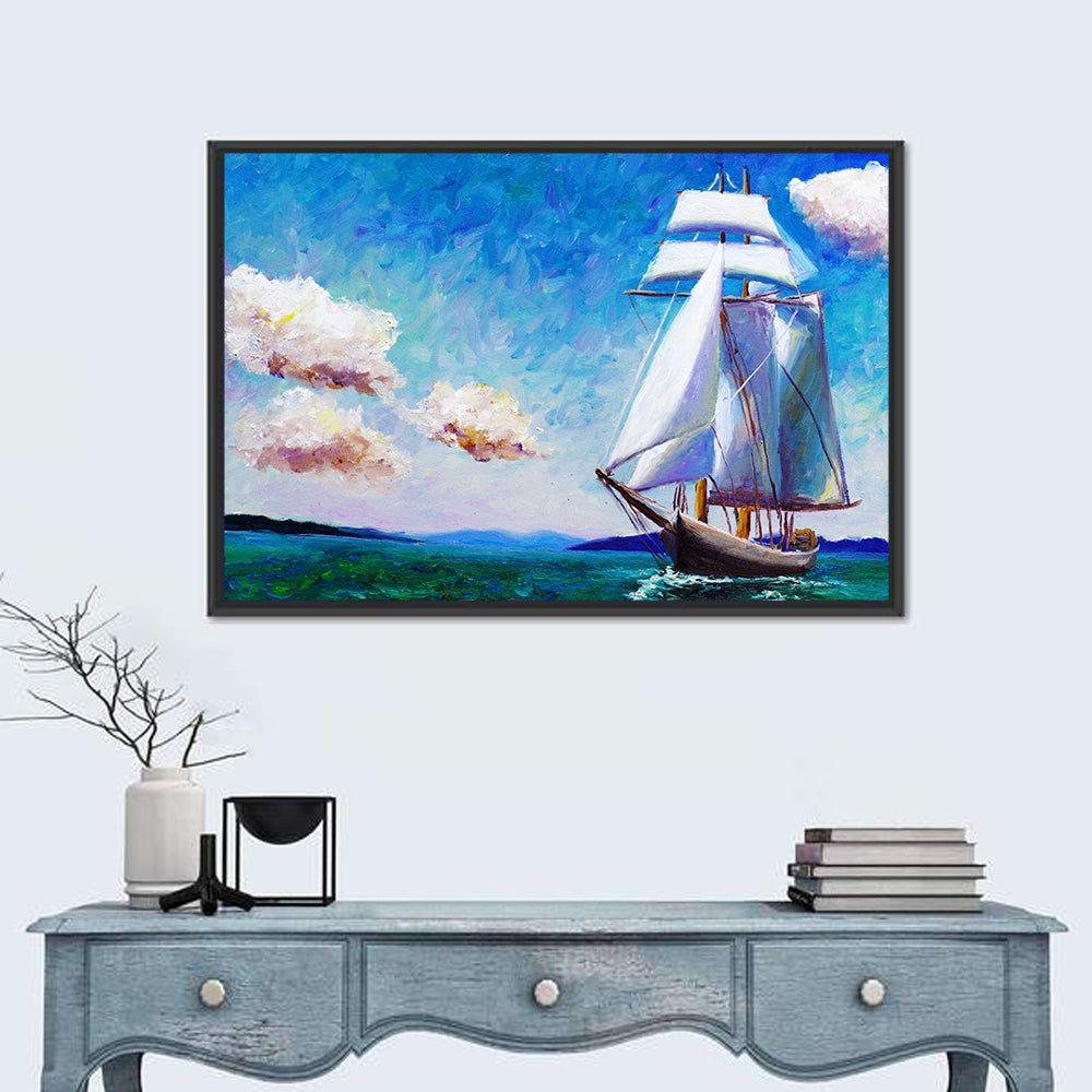 Sailboat with White Sails Seascape Wall Art in a room, landscape