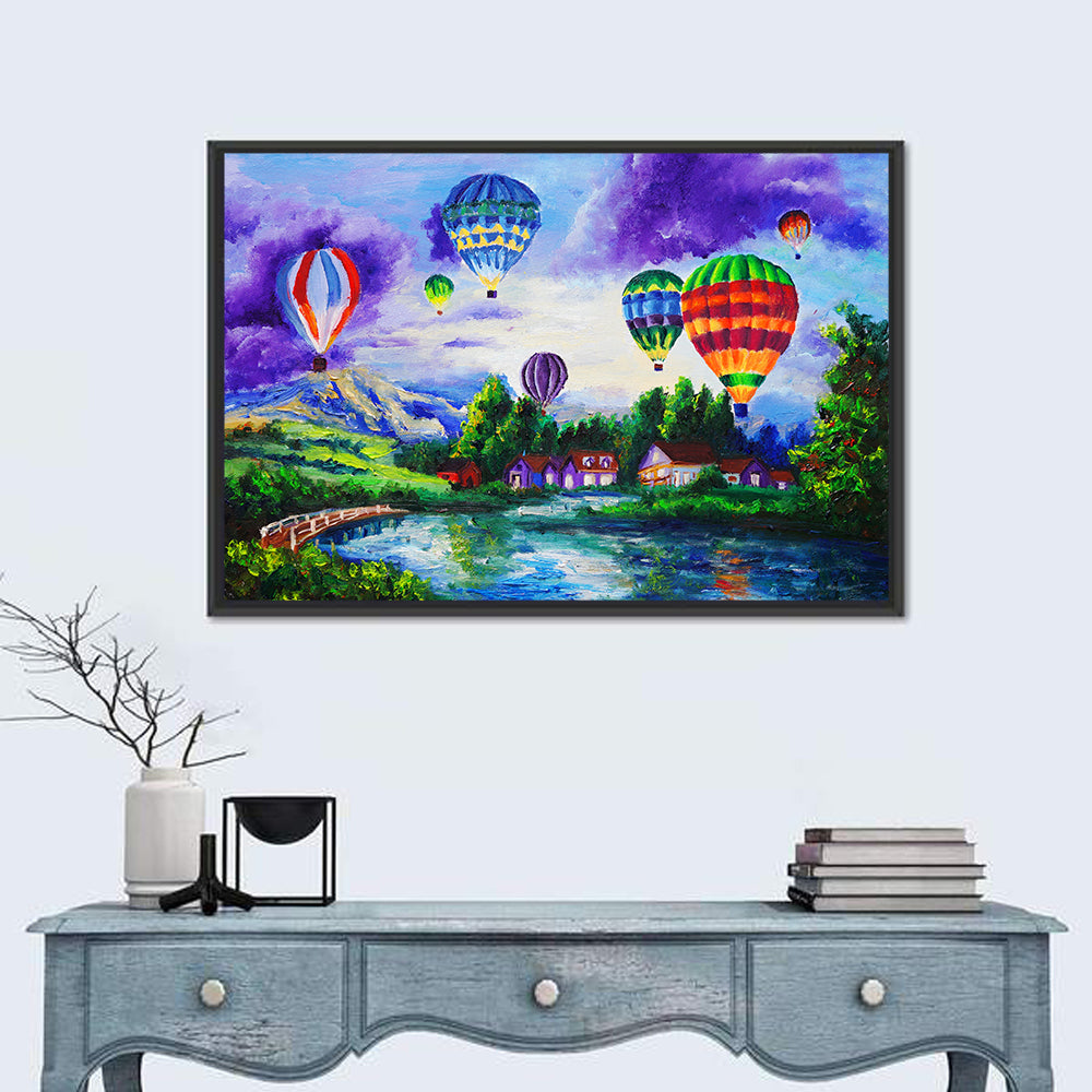 Vibrant Hot Air Balloons Over Lake Wall Art in a room, landscape