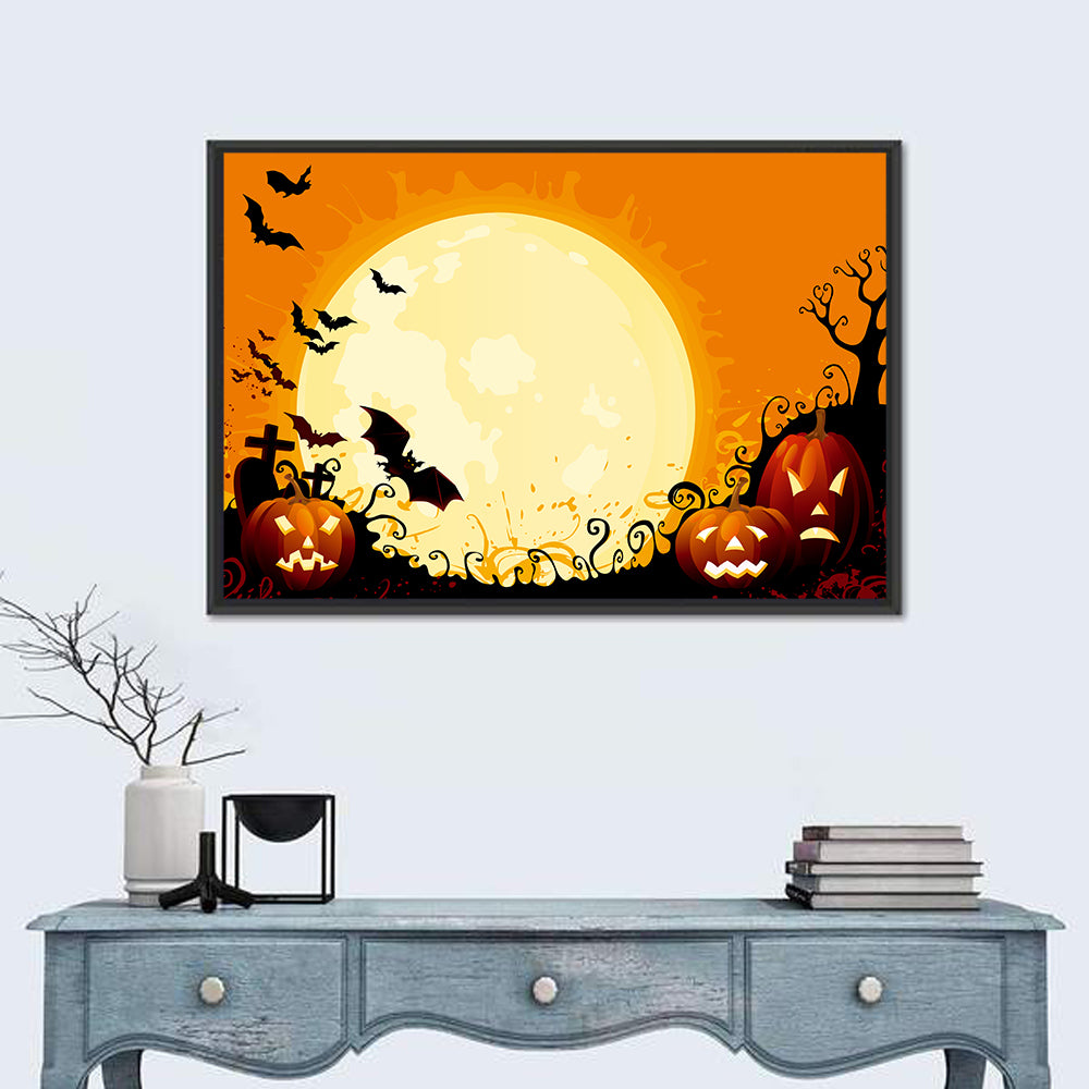 Full Moon Halloween Illustration Wall Art in a room, landscape