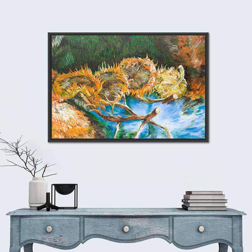 Four Sunflowers Over Water Wall Art in a room, landscape