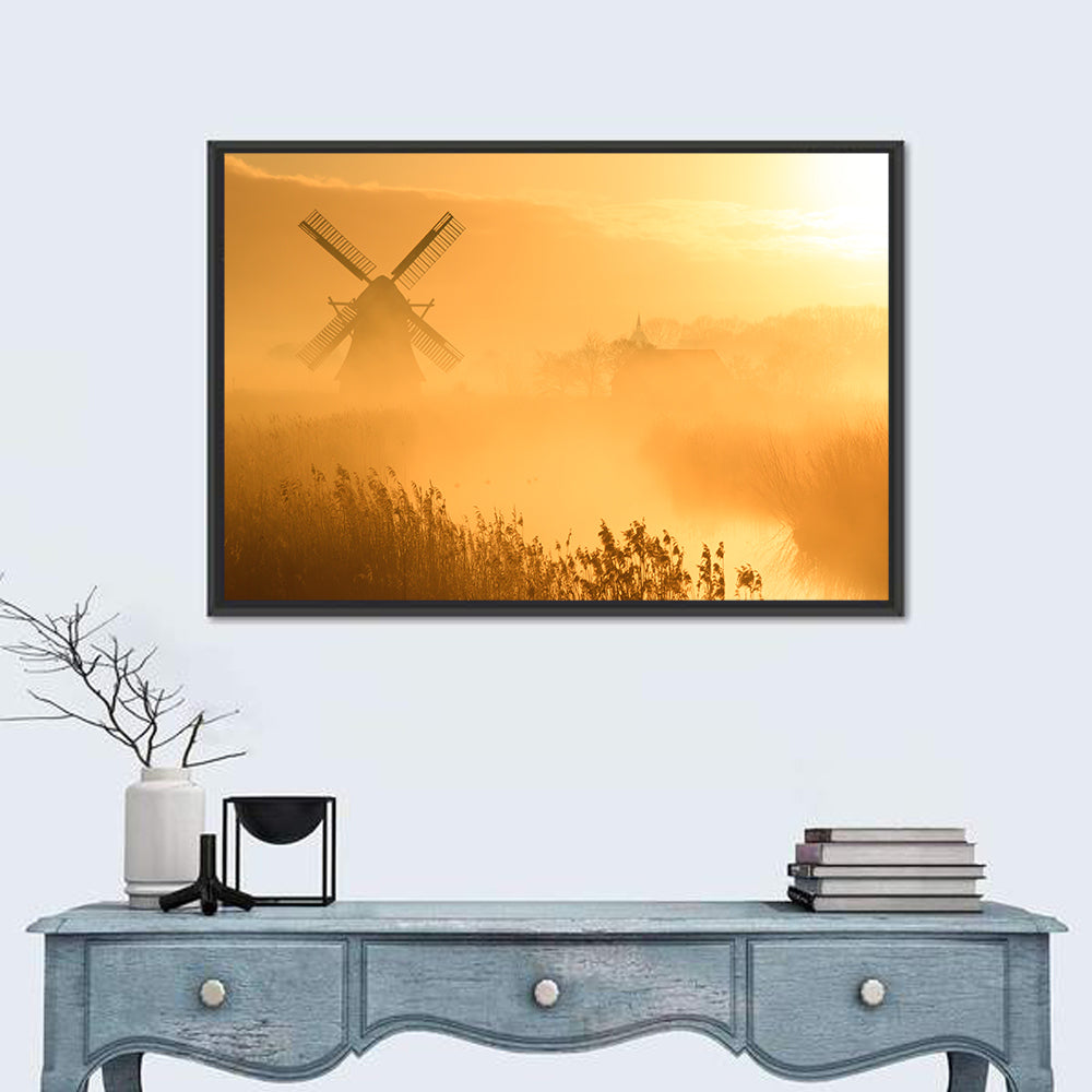 Golden Dutch Windmill Sunrise Wall Art