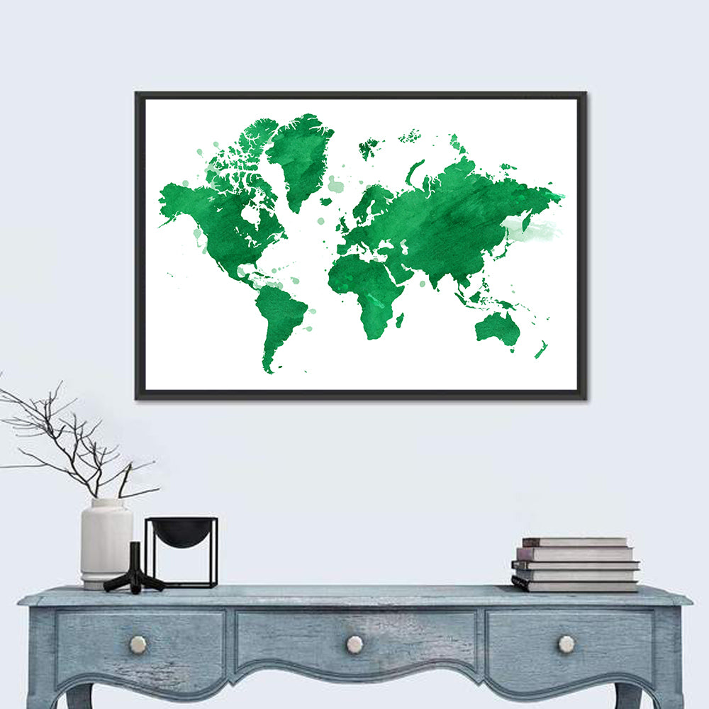 Green Watercolor World Map Wall Art in a room, landscape