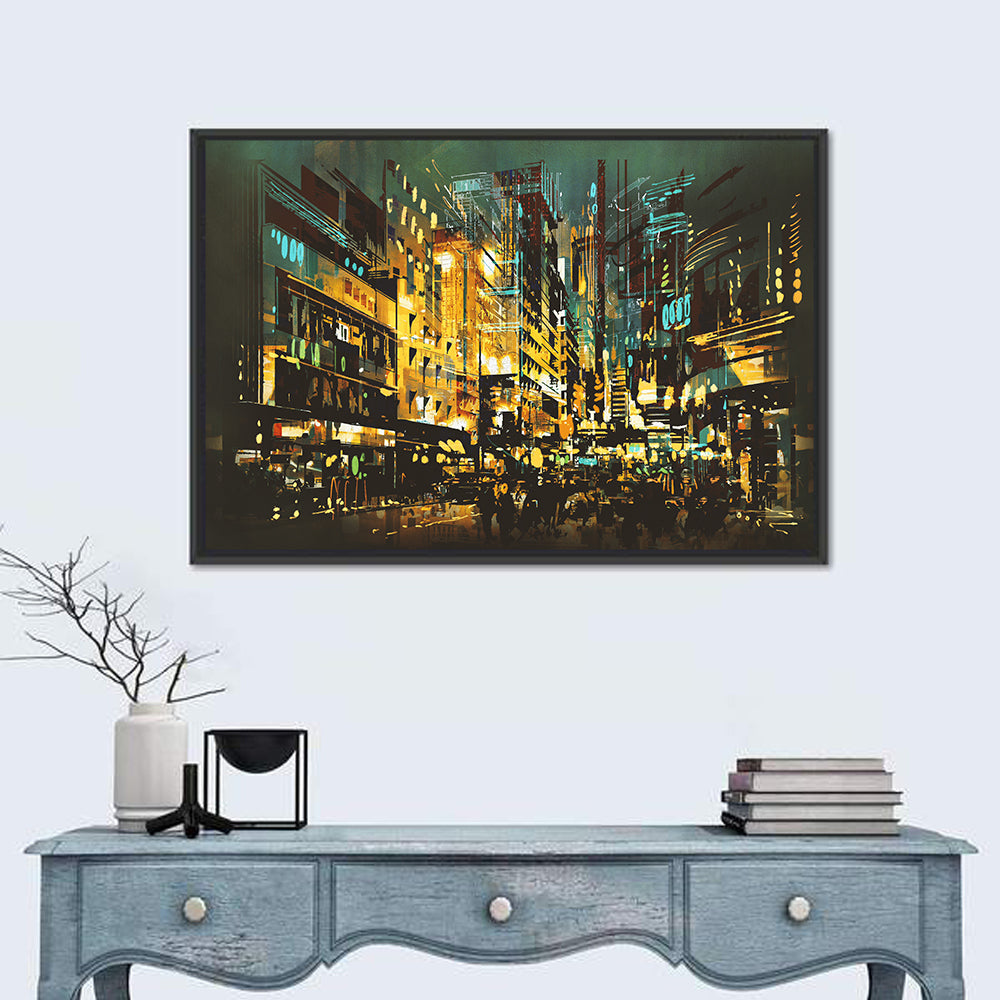 Nocturnal City Street with Golden Lights Wall Art