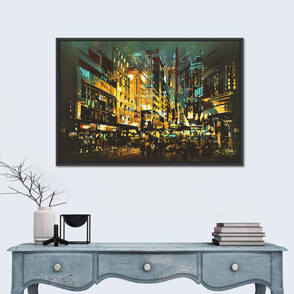 Nocturnal City Street with Golden Lights Wall Art