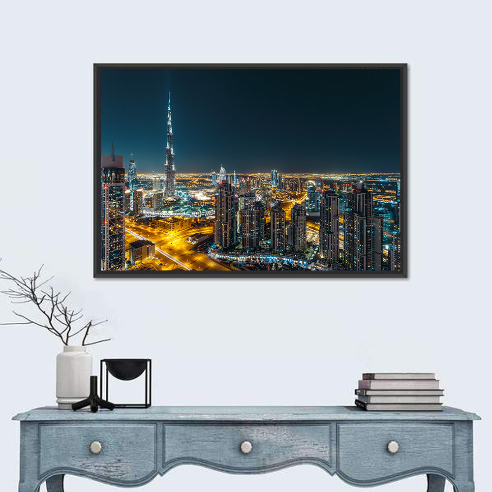 Dubai Night Skyline with Burj Khalifa Wall Art in a room, landscape