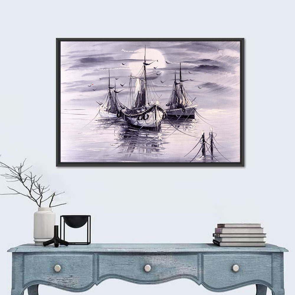 Moonlit Harbor Sailboats Wall Art