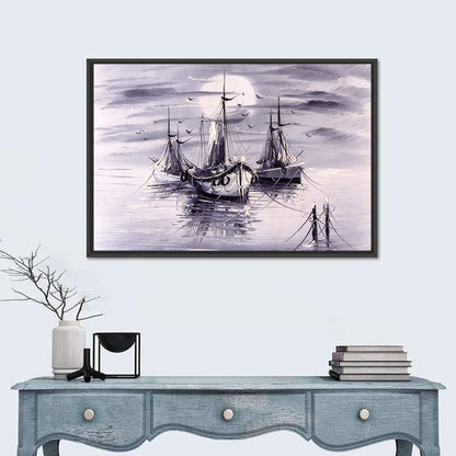 Moonlit Harbor Sailboats Wall Art