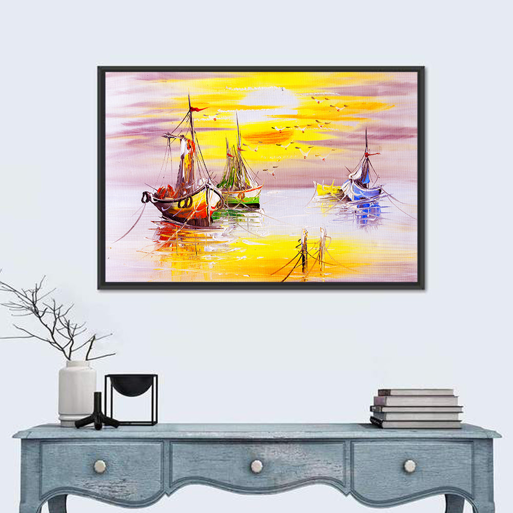 Three Sailboats at Sunset Wall Art