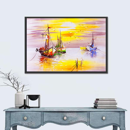 Three Sailboats at Sunset Wall Art