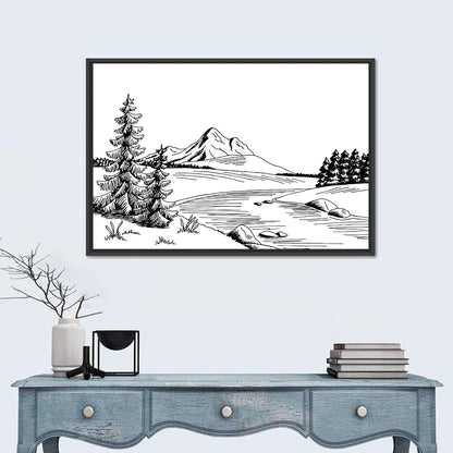 Pine, Peak and River Line Wall Art