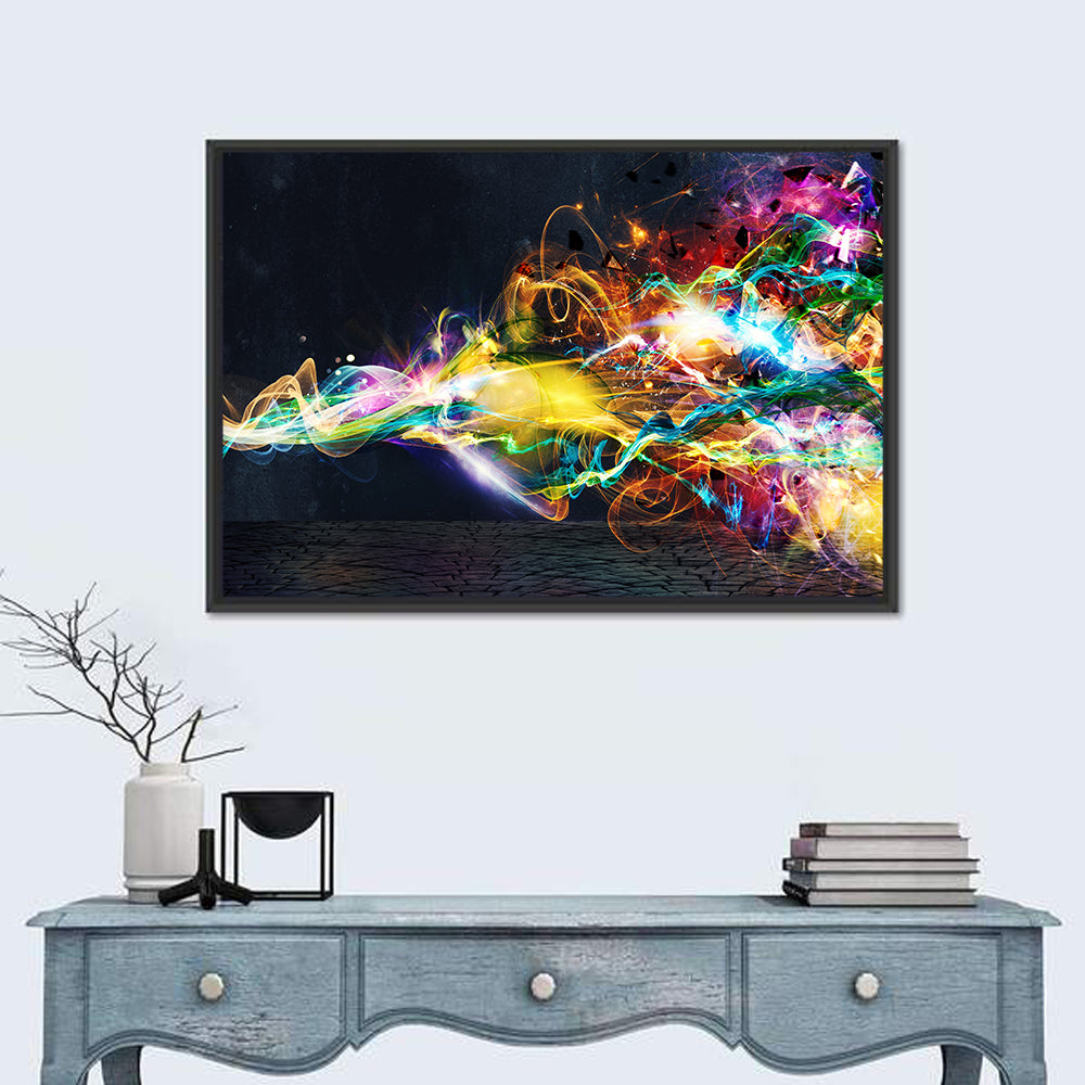 Glowing Energy Ribbons Abstract Wall Art in a room, landscape