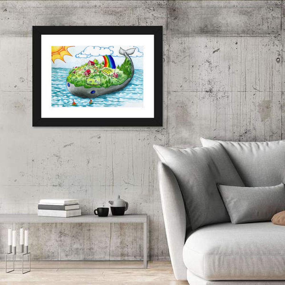 Whale Island Illustration Wall Art in a room, landscape