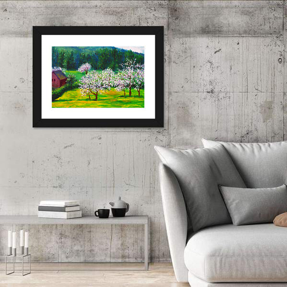 Plum Blossom Illustration Wall Art in a room, landscape