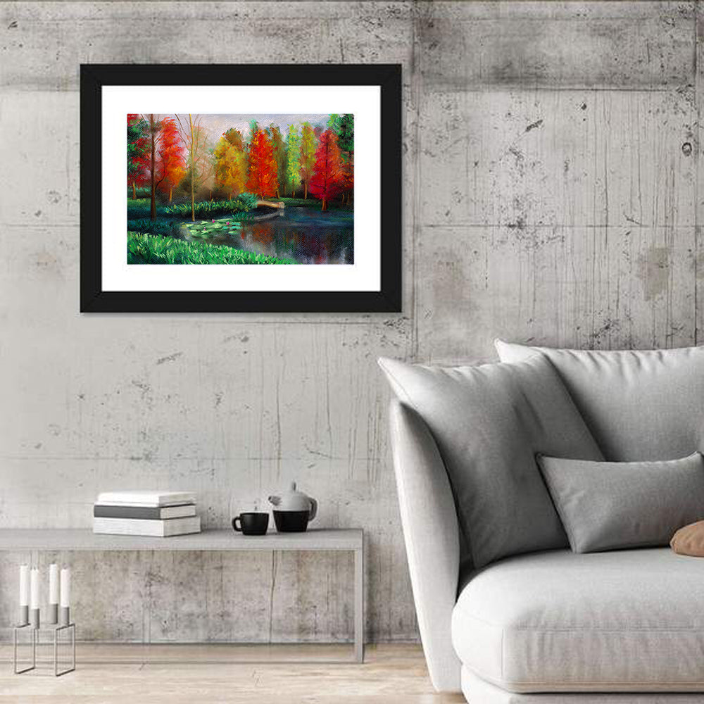 Autumn Pond with Water Lilies Wall Art in a room, landscape