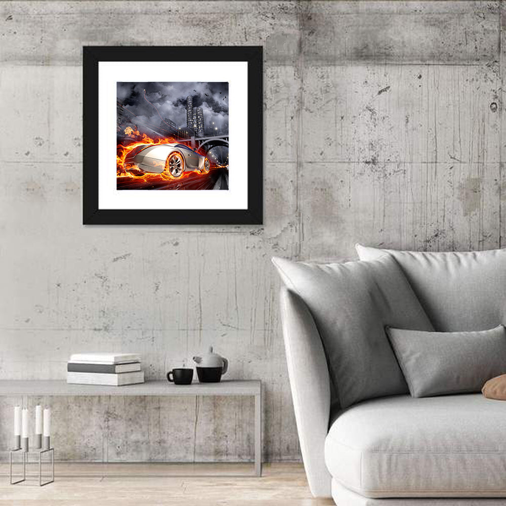 Flaming Sports Car Illustration Wall Art