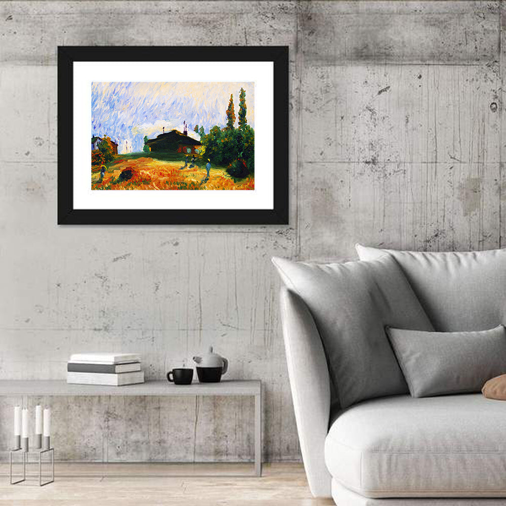 Sunlit Village Field Illustration Wall Art