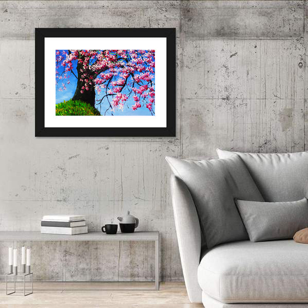 Spring Cherry Tree Illustration Wall Art in a room, landscape
