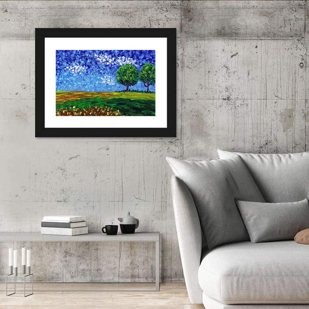 Patchwork Field with Two Trees Wall Art in a room, landscape