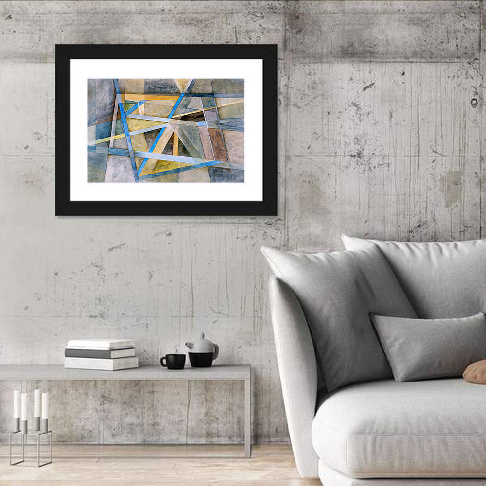 Blue and Gold Geometric Abstraction Wall Art in a room, landscape