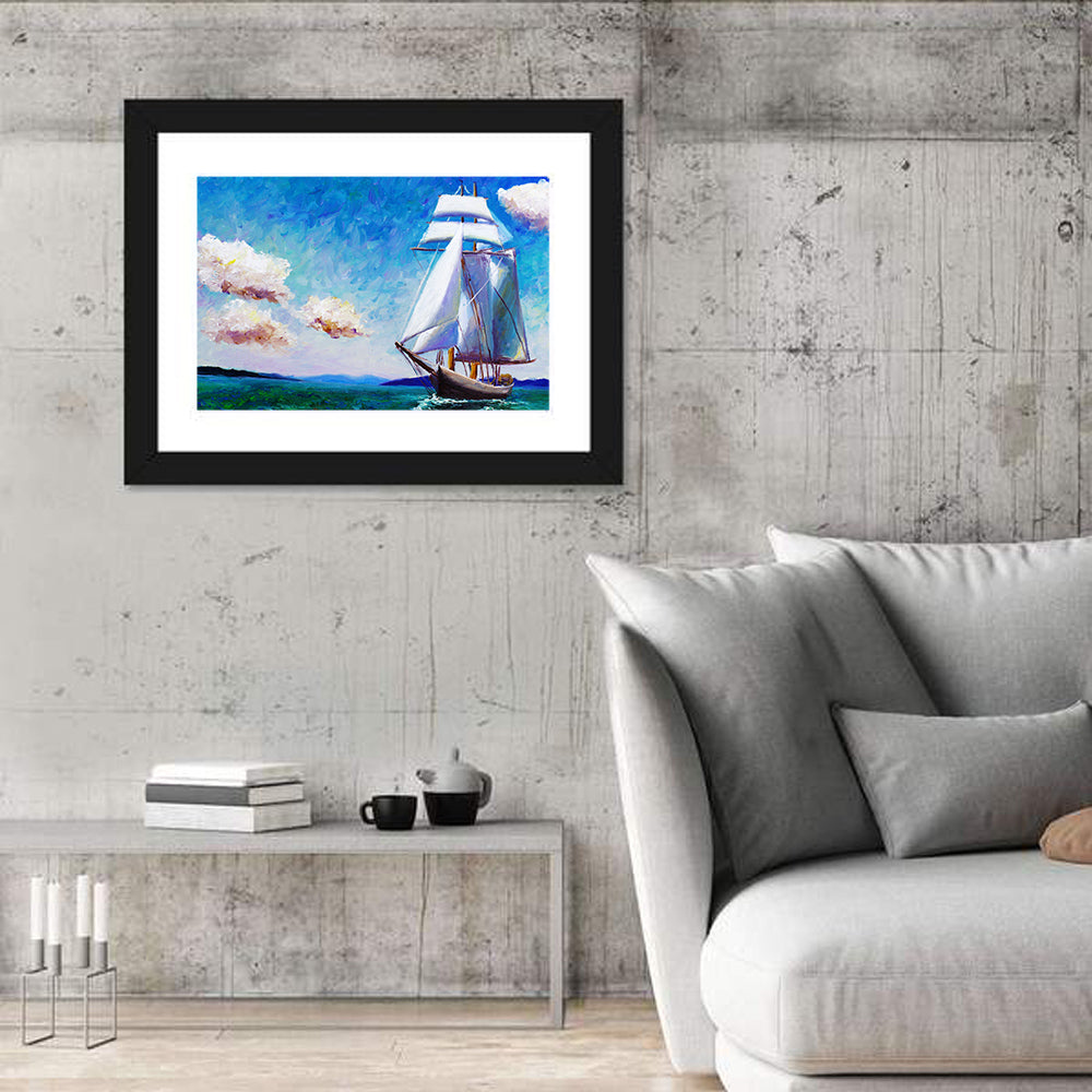 Sailboat with White Sails Seascape Wall Art in a room, landscape