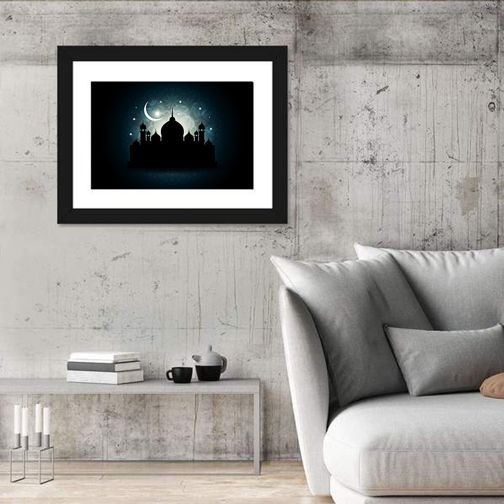 Mosque Silhouette with Crescent Moon Wall Art in a room, landscape