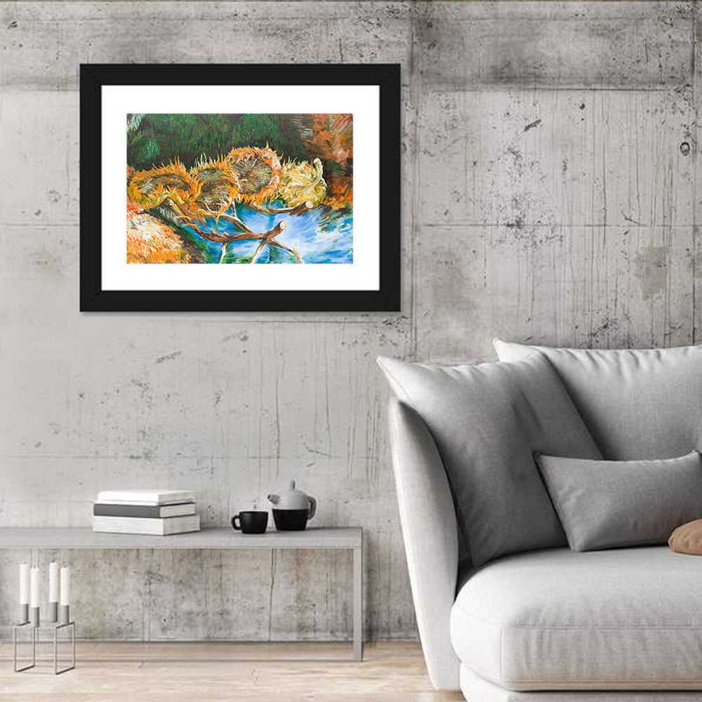 Four Sunflowers Over Water Wall Art in a room, landscape