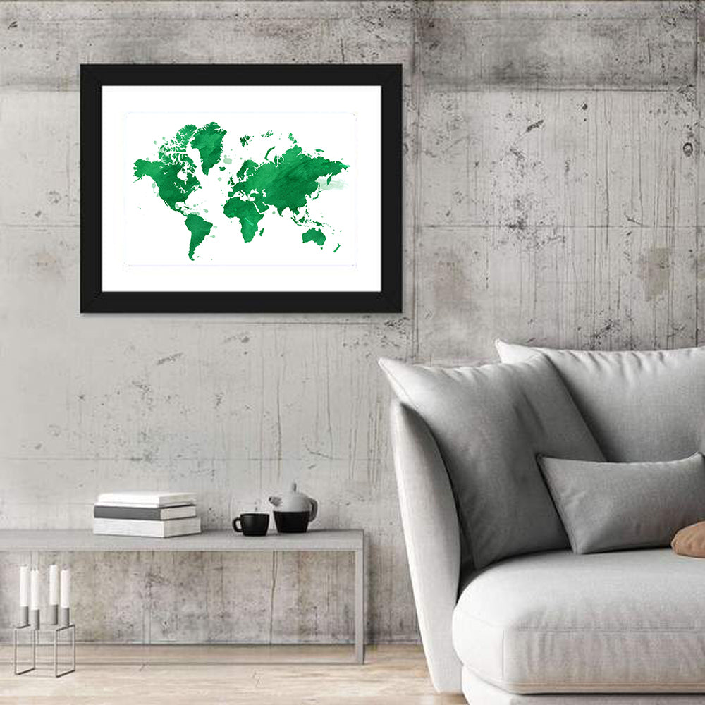 Green Watercolor World Map Wall Art in a room, landscape