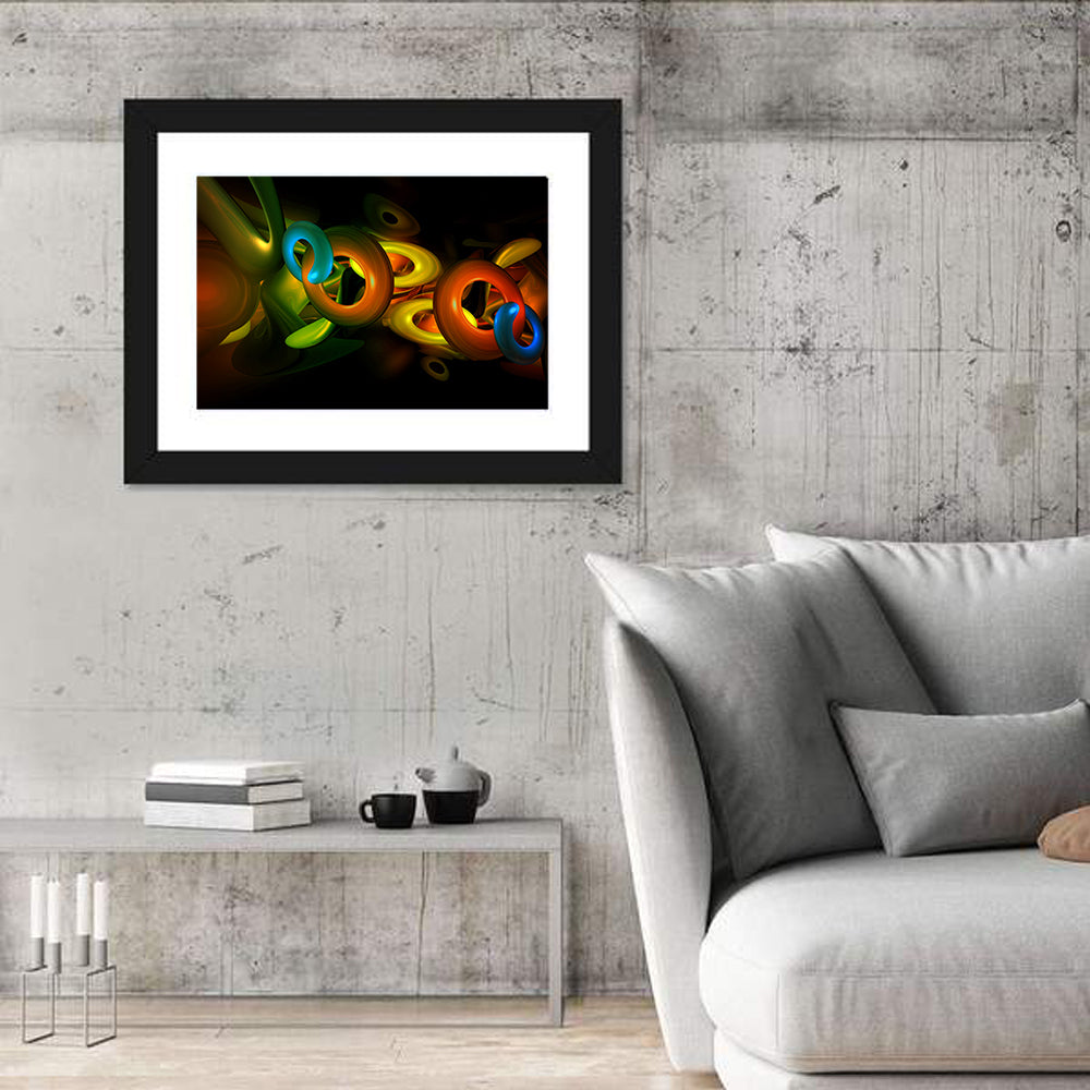 Colorful 3d Geometric Rings Wall Art in a room, landscape