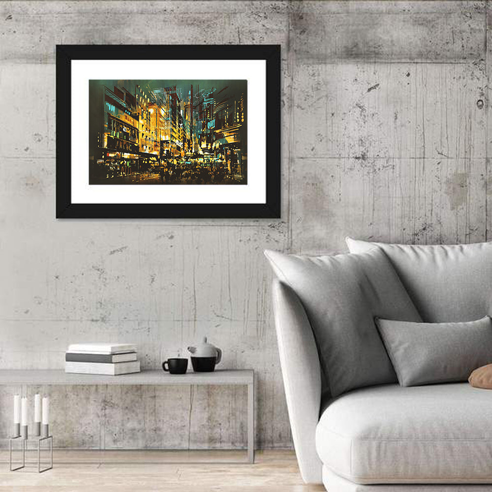 Nocturnal City Street with Golden Lights Wall Art
