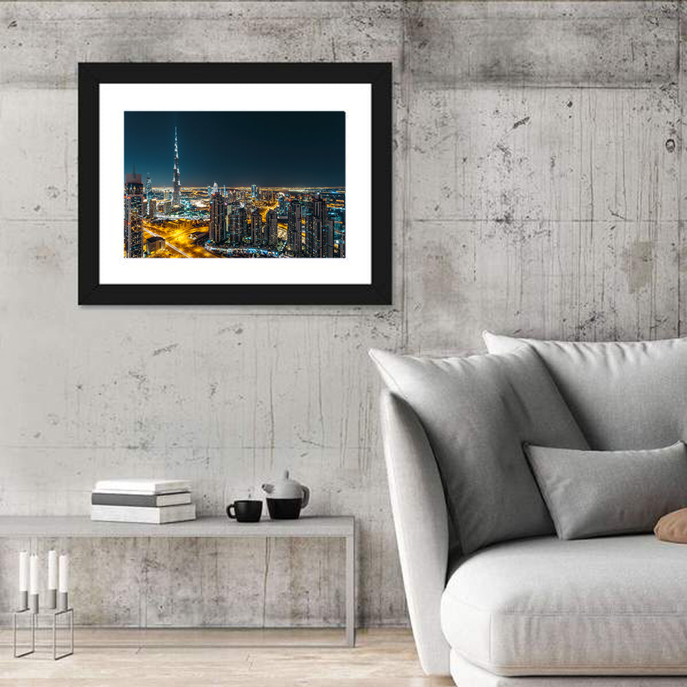 Dubai Night Skyline with Burj Khalifa Wall Art in a room, landscape