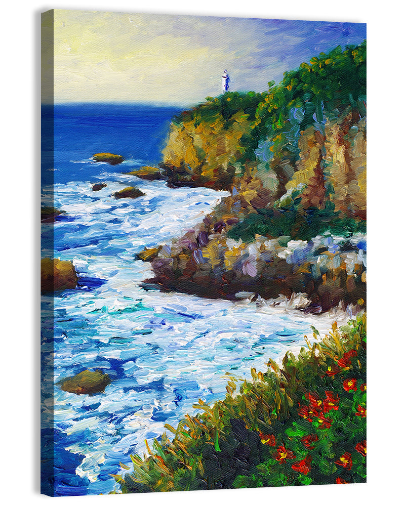 Cliffside Lighthouse Illustration Wall Art, canvas print, portrait
