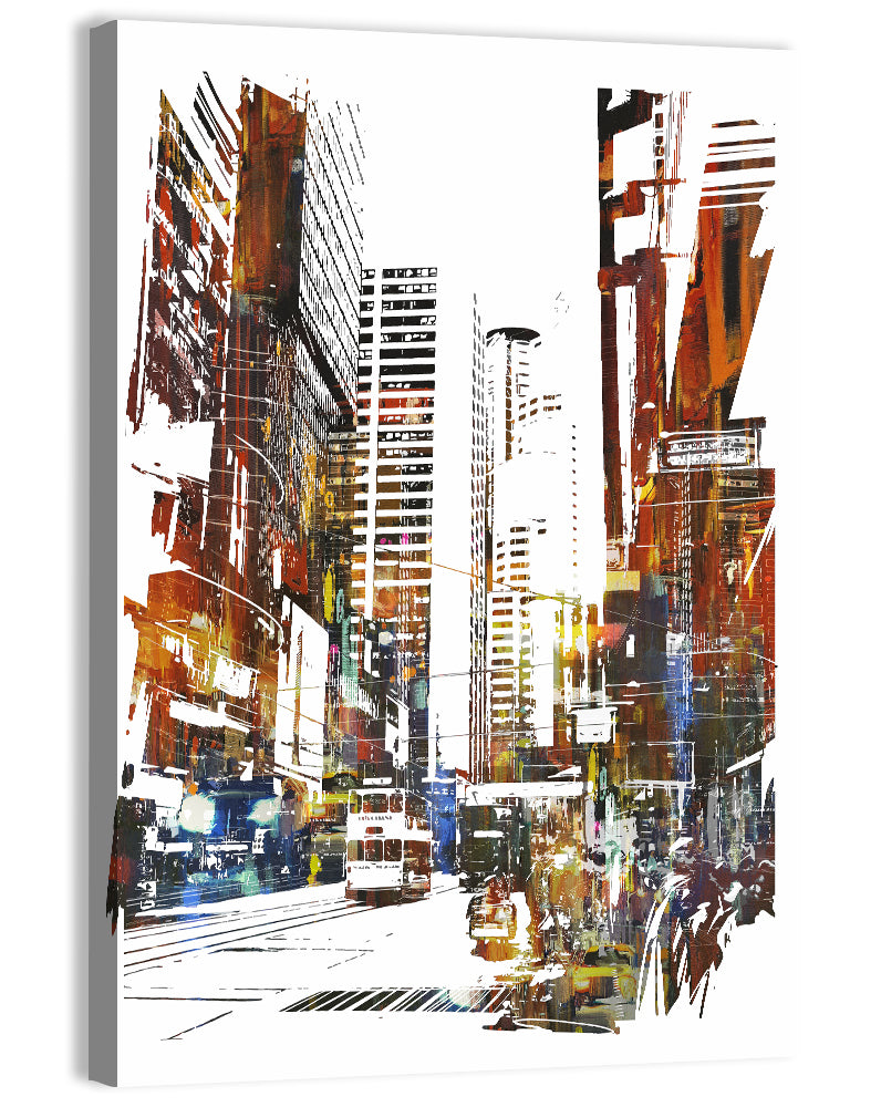 Urban Street with Double-decker Bus Wall Art, canvas print, portrait