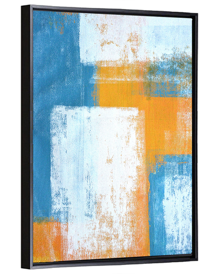 Layered Blue and Orange Rectangles Wall Art as a framed canvas