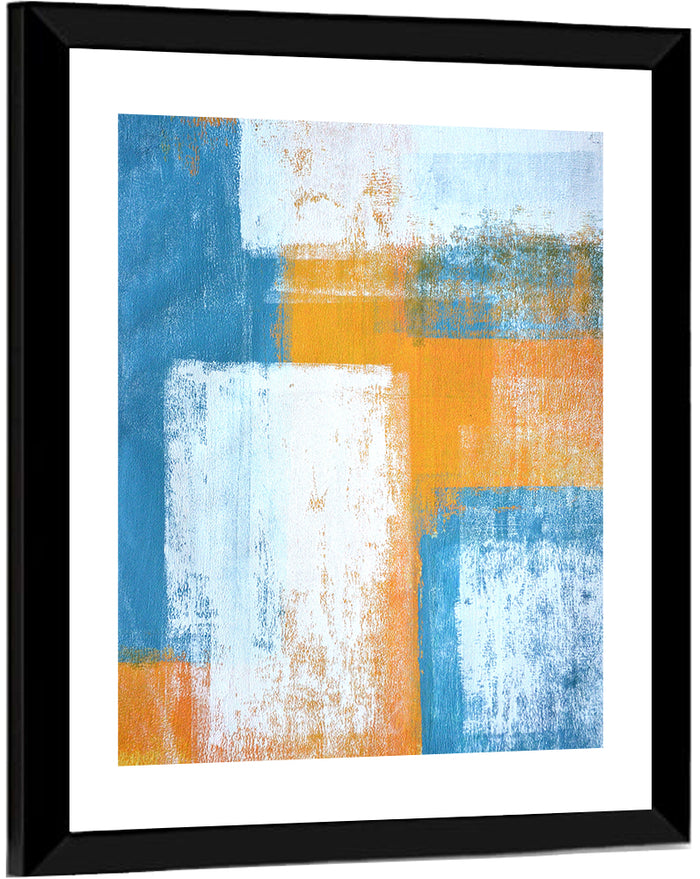 Layered Blue and Orange Rectangles Wall Art as a framed print