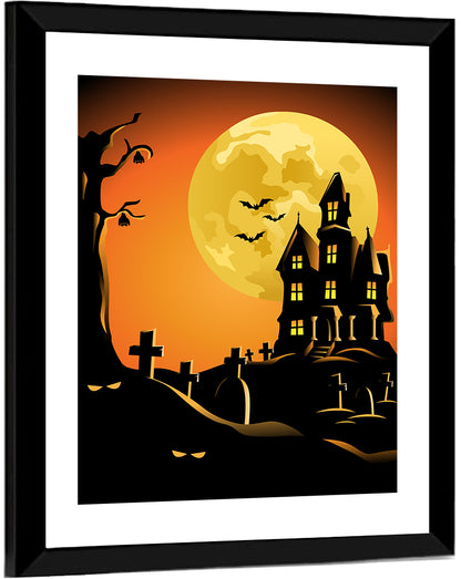 Haunted House Under Full Moon Wall Art