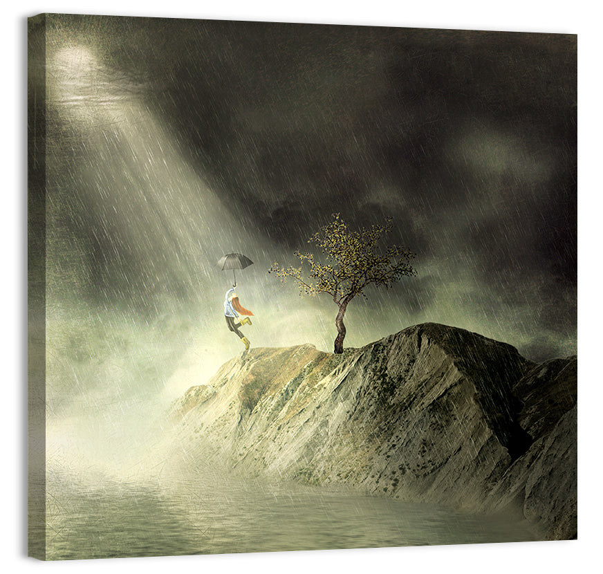 Girl on Cliff in Rain Wall Art