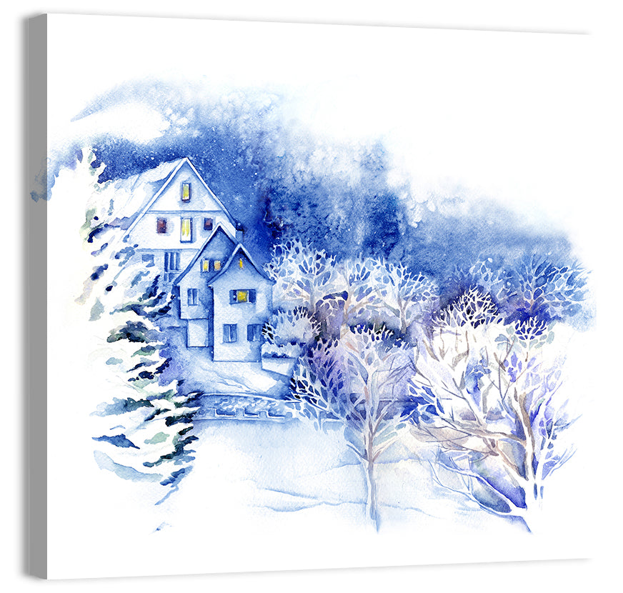Snowy Village Watercolor Scene Wall Art, canvas print, square