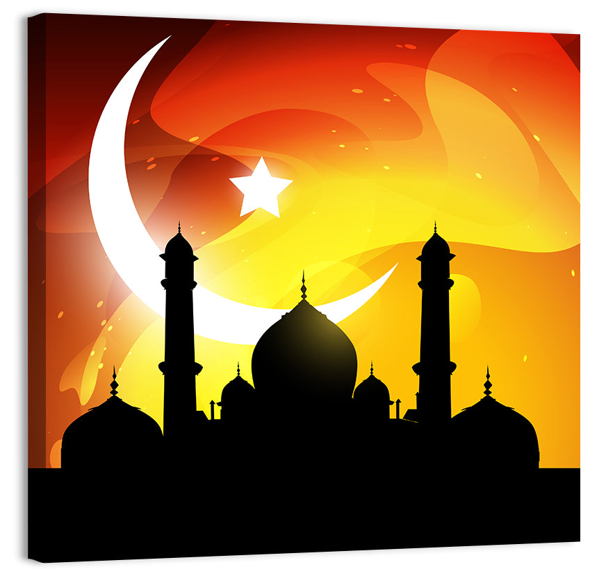Moonlit Mosque Silhouette Illustration Wall Art, canvas print, square