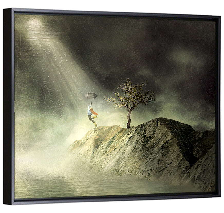 Girl on Cliff in Rain Wall Art