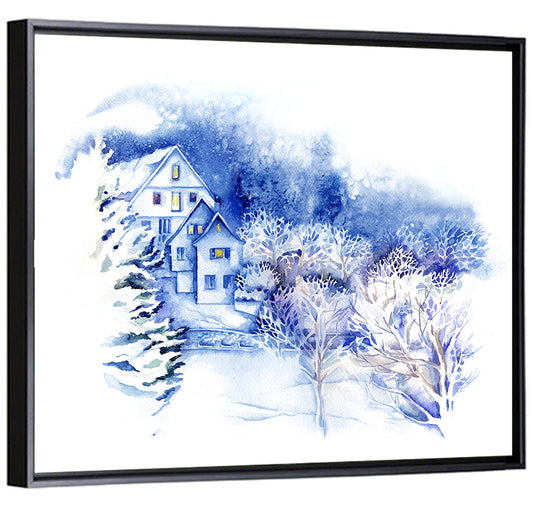 Snowy Village Watercolor Scene Wall Art