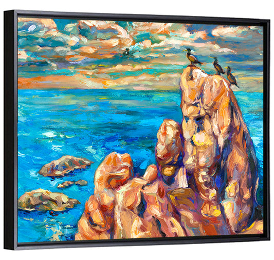 Cliffside Seascape with Perched Birds Wall Art