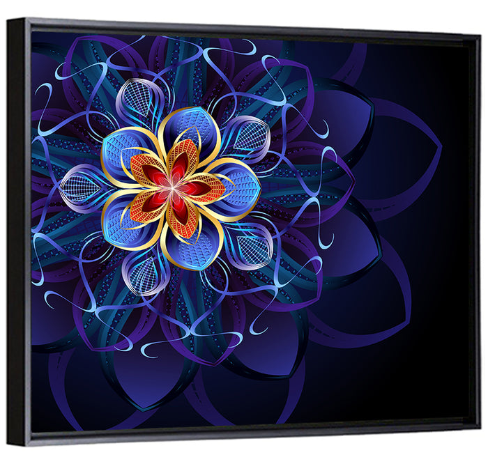 Blue Fractal Mandala Flower Wall Art as a framed canvas