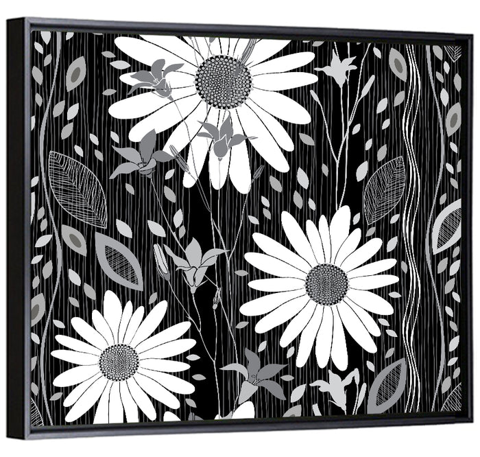 Monochrome Daisy Trio Wall Art as a framed canvas