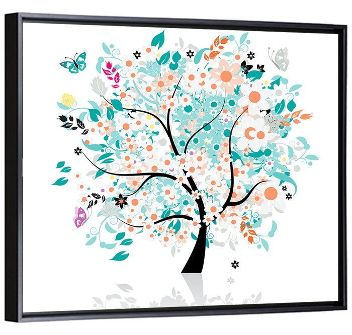 Whimsical Floral Tree Illustration Wall Art as a framed canvas